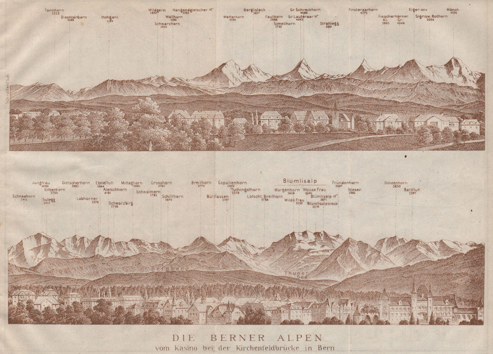 PANORAMA vom/from BERN/Berne. Blumisalp Eiger Jungfrau Gletscherhorn 1922 map