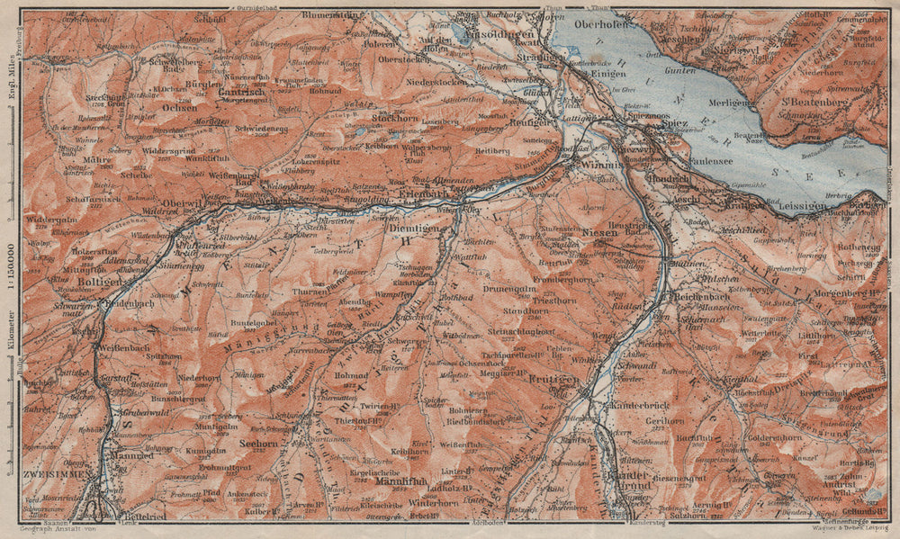 THUNER SEE. SIMME/KANDER VALLEYS. Gantrisch Spiez Frutigen Oberwil 1922 map