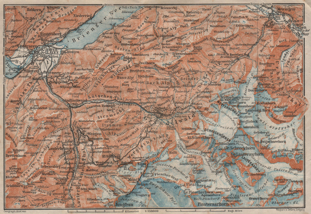 GRINDELWALD environs. Wengen Mürren Jungfrau Wetterhorn Interlaken 1922 map