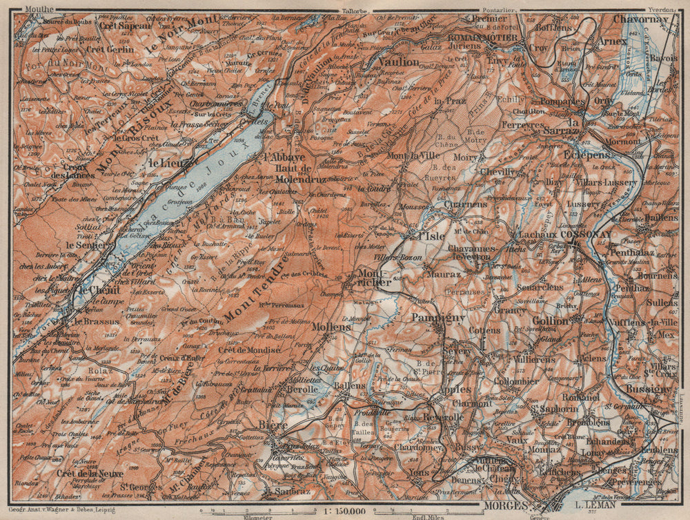 WESTERN JURA. Morges Cossonay Vaulion Mont Risoux/Tendre Lac de Joux 1922 map