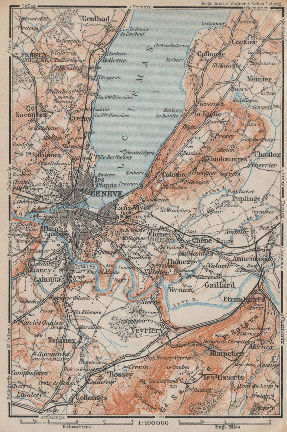 GENEVA GENÈVE GENF ENVIRONS. Switzerland Suisse Schweiz carte karte 1922 map