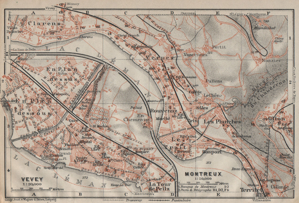 MONTREUX. VEVEY. Clarens. town city plan. Switzerland Suisse Schweiz 1922 map