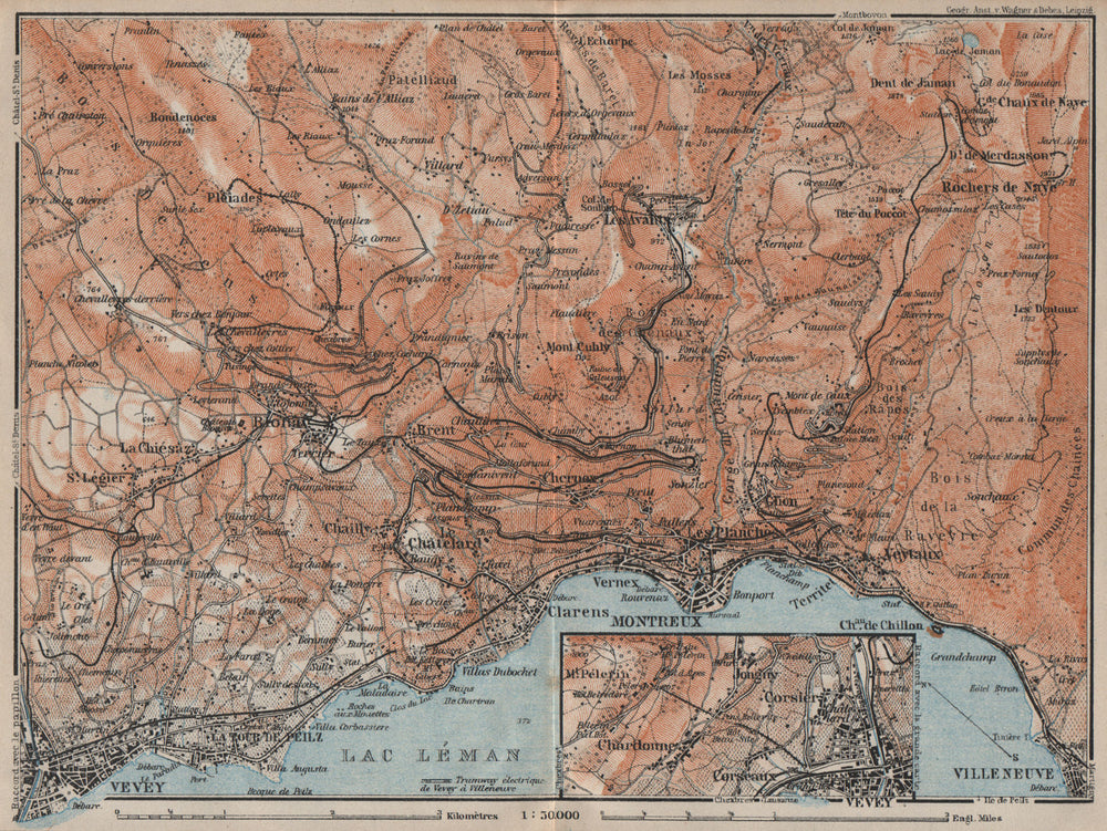 MONTREAUX AREA. Vevey Villneuve. Topo-map. Switzerland Suisse Schweiz 1922