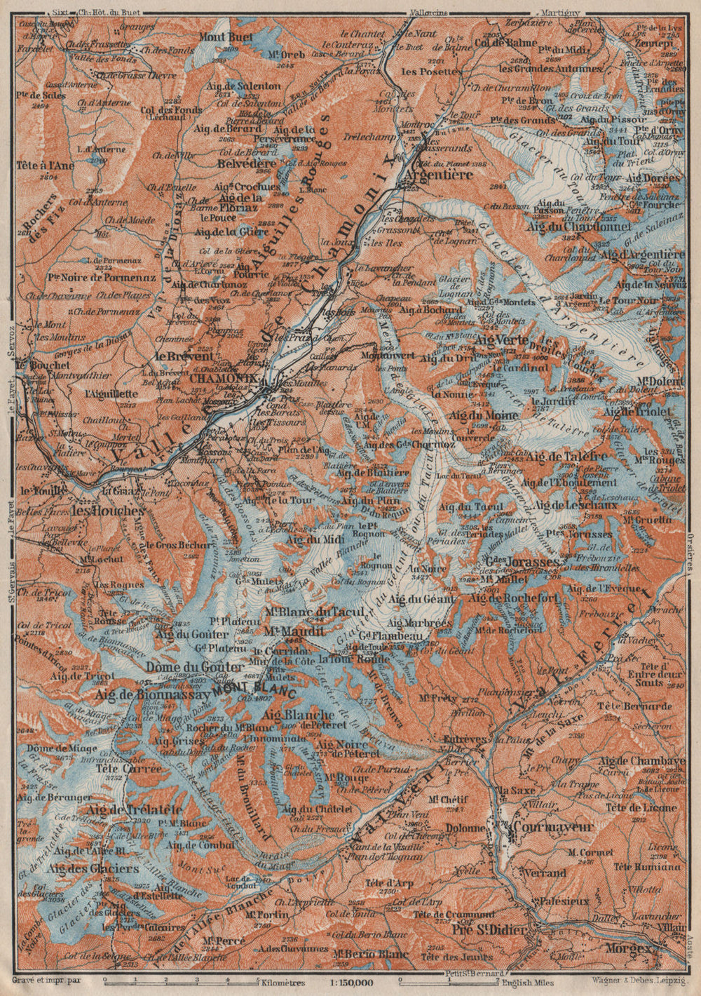 CHAMONIX & MONT BLANC MASSIF. Argentière Les Houches Courmayeur carte 1922 map