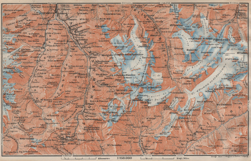 GRAND ST BERNARD ENVIRONS Arolla Grand Combin Massif Orsières Mt Velan 1922 map