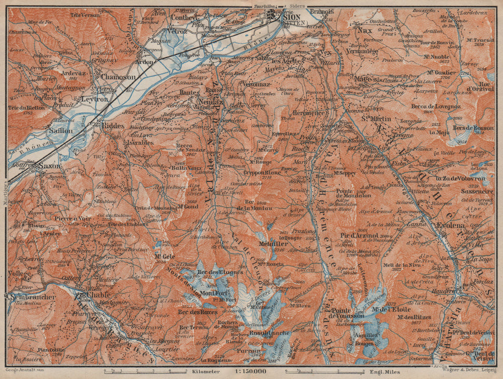 Area south of SION. Verbier Riddes Nendaz Veysonnaz Hérens Entremont 1922 map