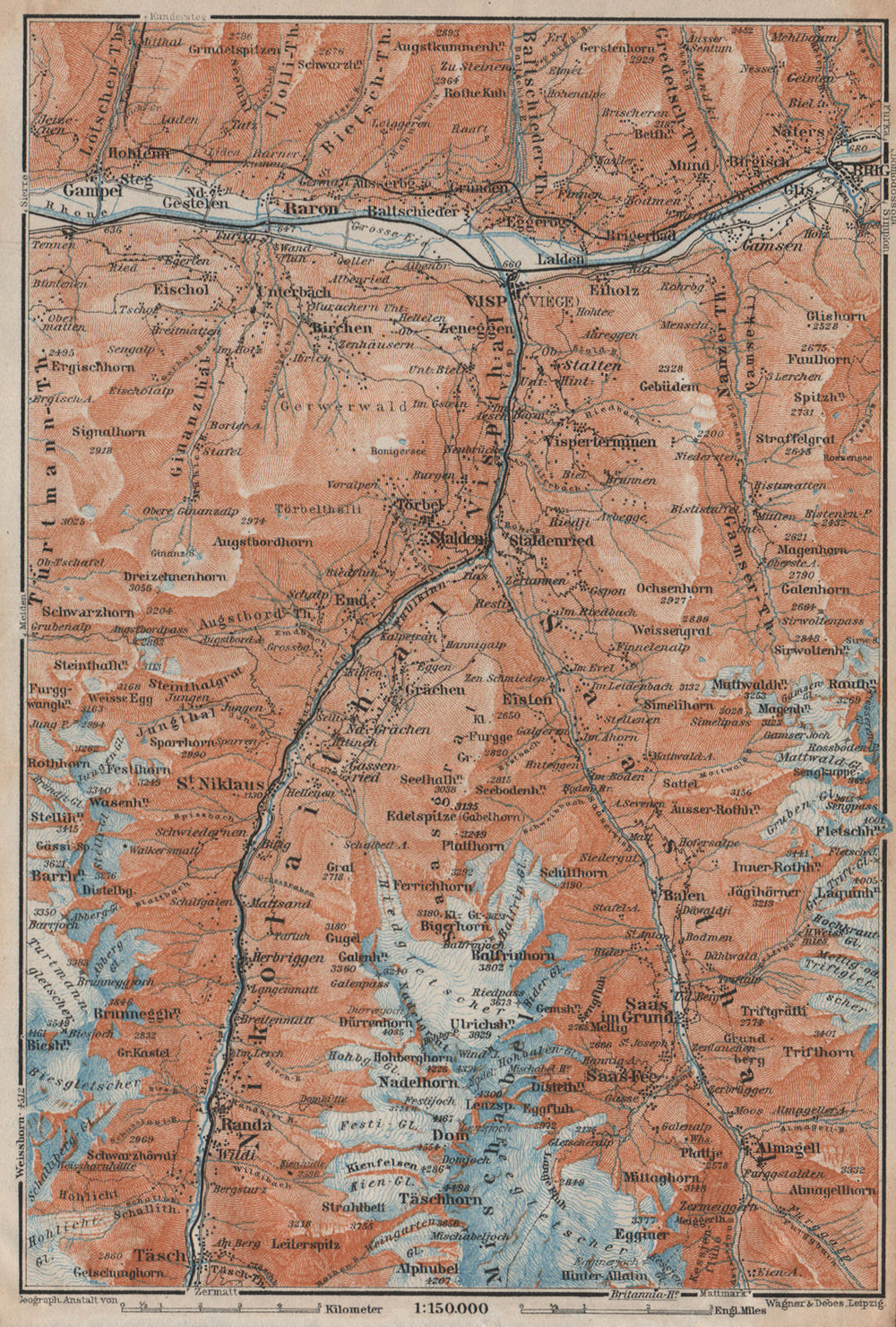 STALDEN/SAAS-FEE AREA. Mischabel Group Grächen Dom Raron Randa Visp 1922 map