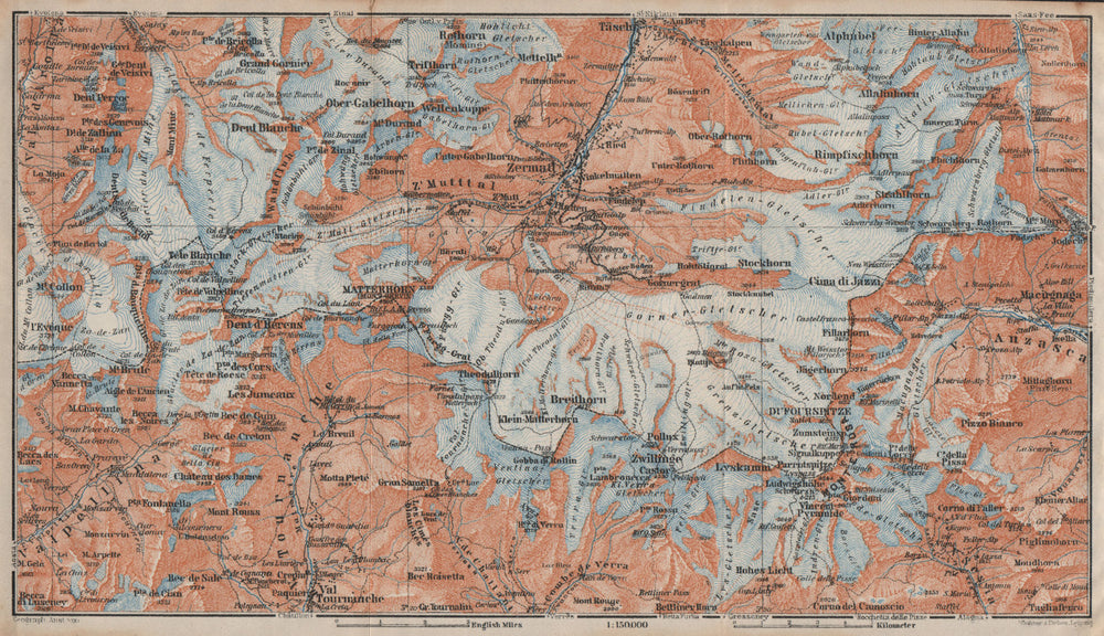 ZERMATT ENVIRONS. Breuil-Cervinia Matterhorn Tournanche Monte Rosa 1922 map