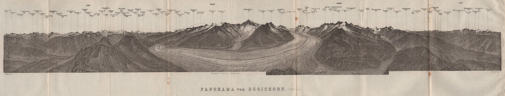 EGGISHORN PANORAMA Aletschhorn Glacier Nesthorn Mont Blanc Leone Eiger 1922 map