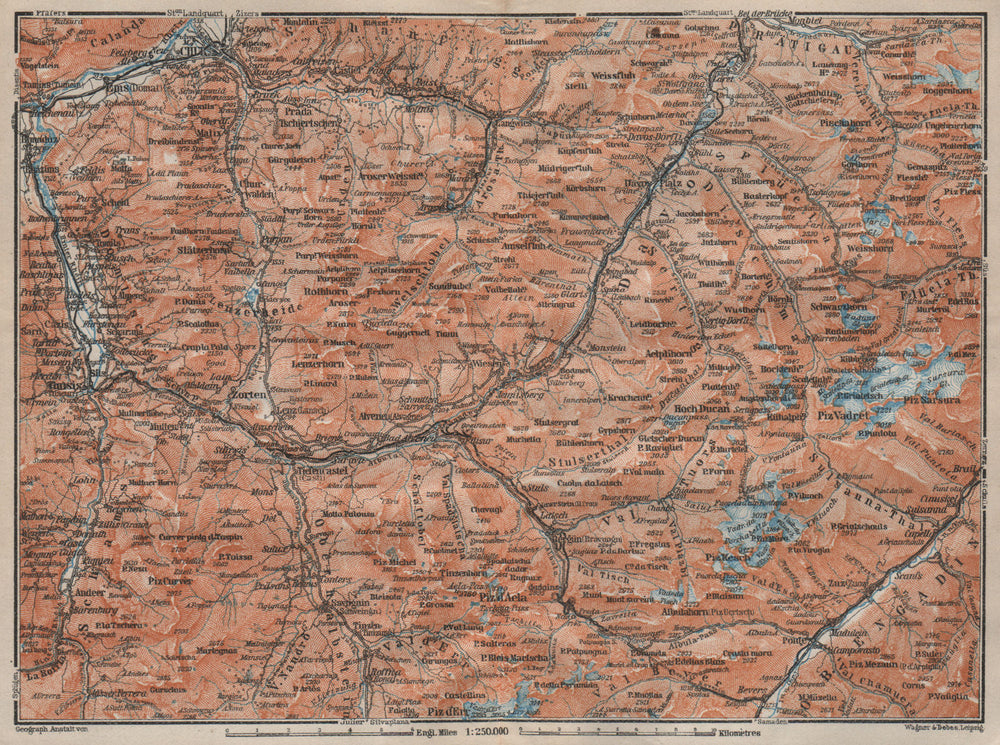 GRAUBÜNDEN/ALBULA ALPS. Chur-Samedan. Arosa Lenz Davos Savognin Thusis 1922 map