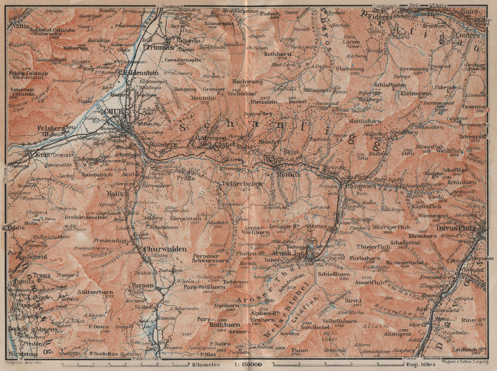 COIRE/CHUR SCHANFIGG AROSA ENVIRONS. Davos Klosters Lenzheide Trimnns 1922 map