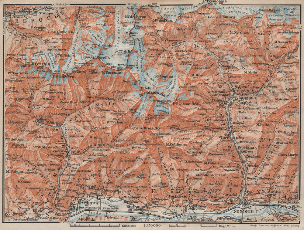 VAL MASINO/BREGAGLIA ALPS. Disgrazia Caspoggio Tellina Malenco Sondrio 1922 map
