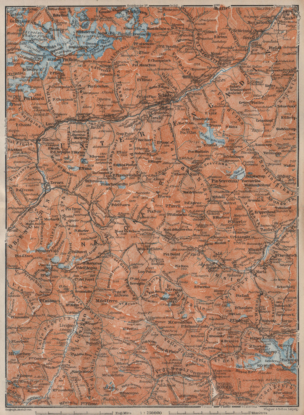 LOWER ENGADINE. Livigno Bormio Ftan Scuol Silvretta Range Piz Buin 1922 map