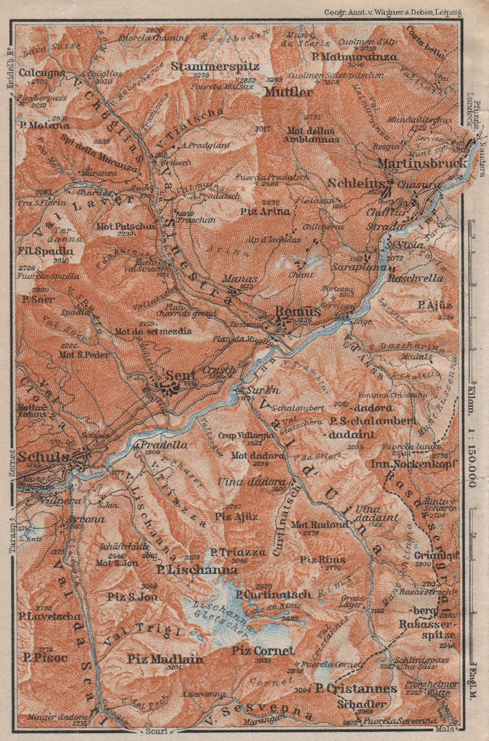LOWER ENGADINE VALLEY. Scuol-Martinsbruck/Martina Schleins Remiis 1922 old map