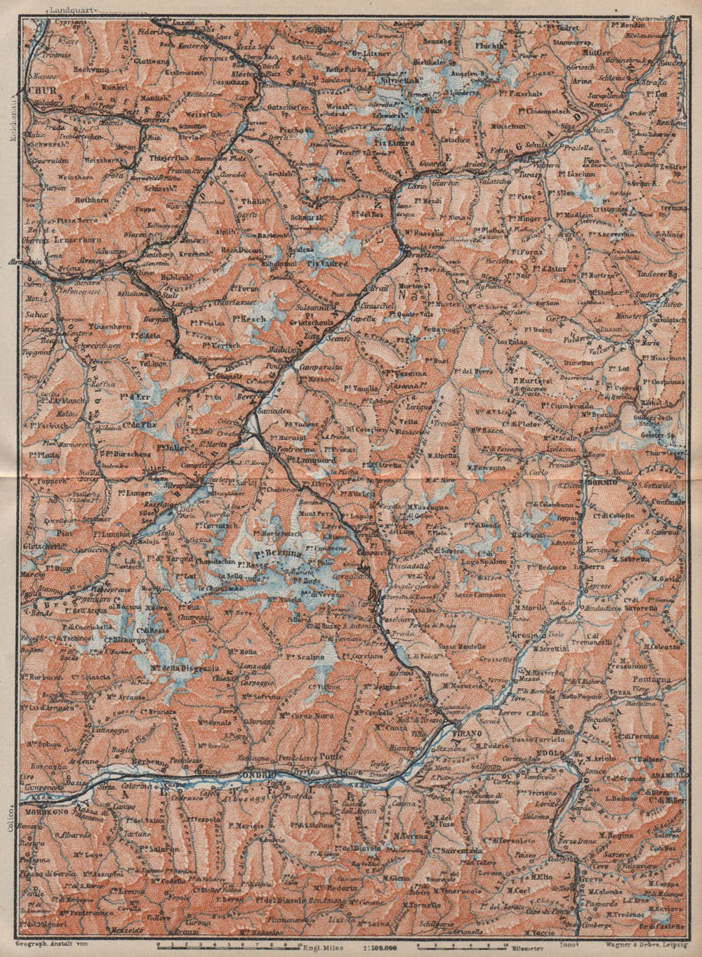 ENGADINE/VAL TELLINA. Davos Arosa Sils Bormio Livigno Sondrio Chur 1922 map