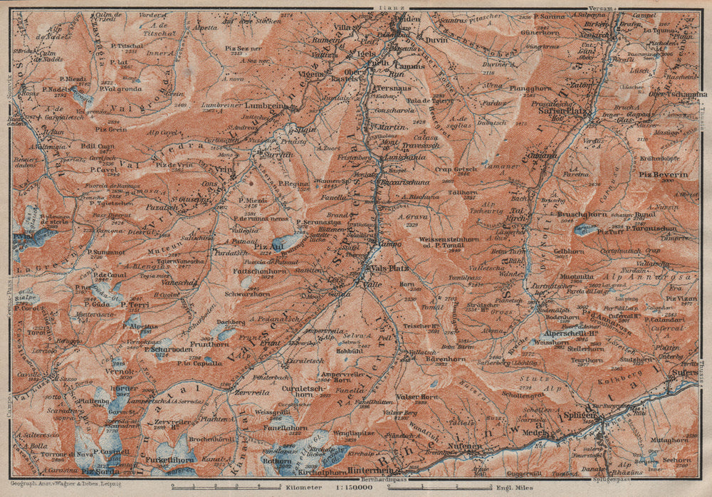 LUGNETZTAL SURSELVA. Valserrhein Furketlihorn Hinterrhein Splügen 1922 old map