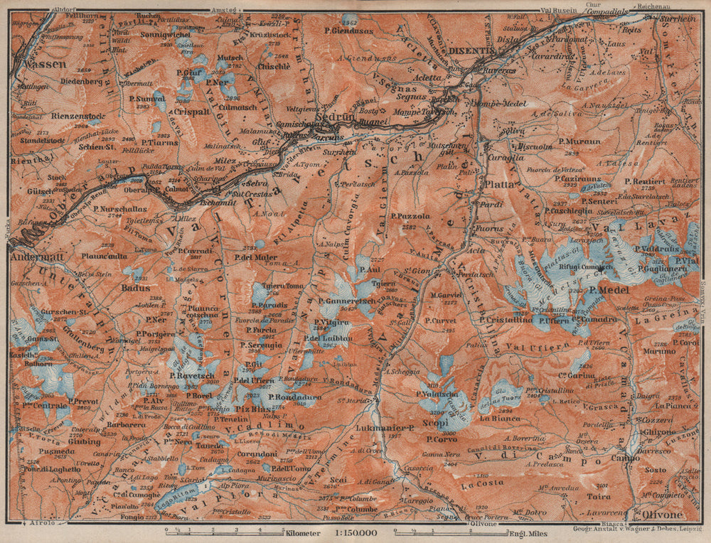 VAL TAVETSCH/MEDEL. Andermatt Disentis Sedrun Wassen Piz Medel. Topo-map 1922