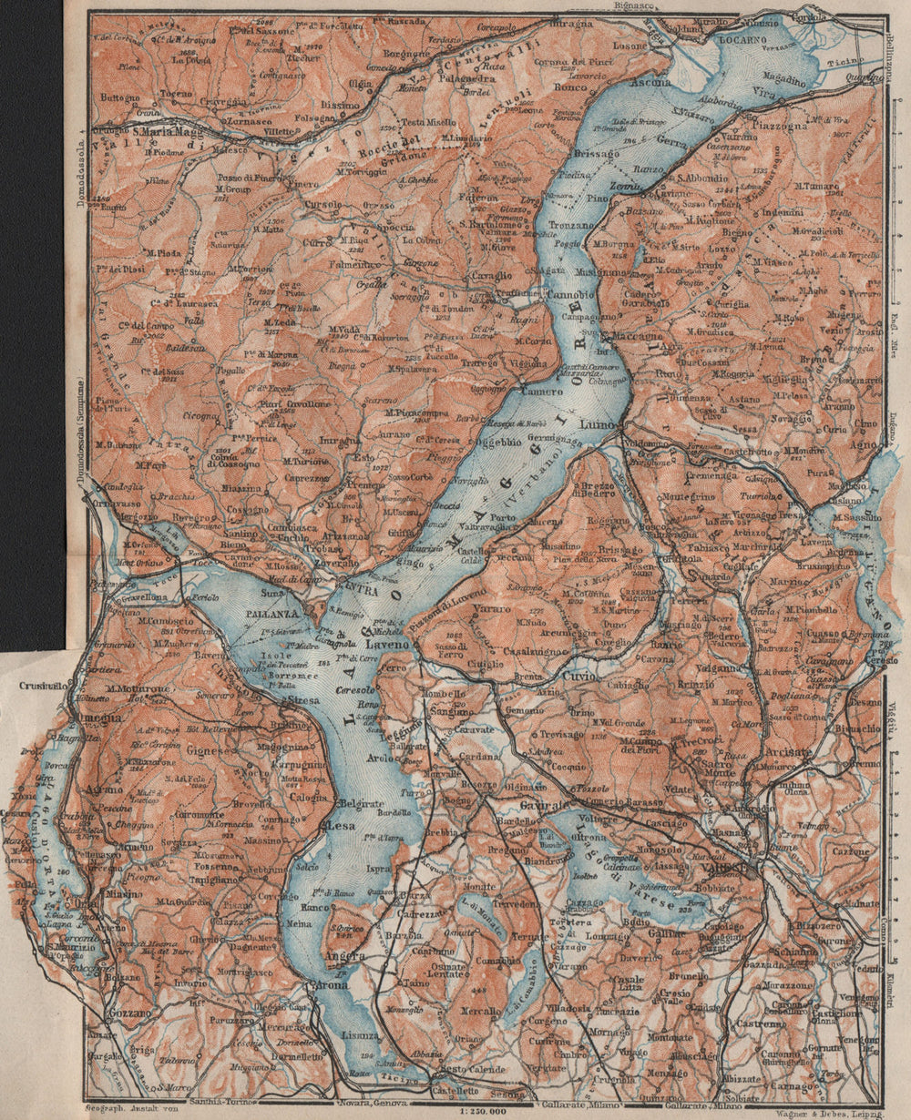 LAGO MAGGIORE. Lake Maggiore. Varese Varesa Pallanza. Topo-map. Italy 1922