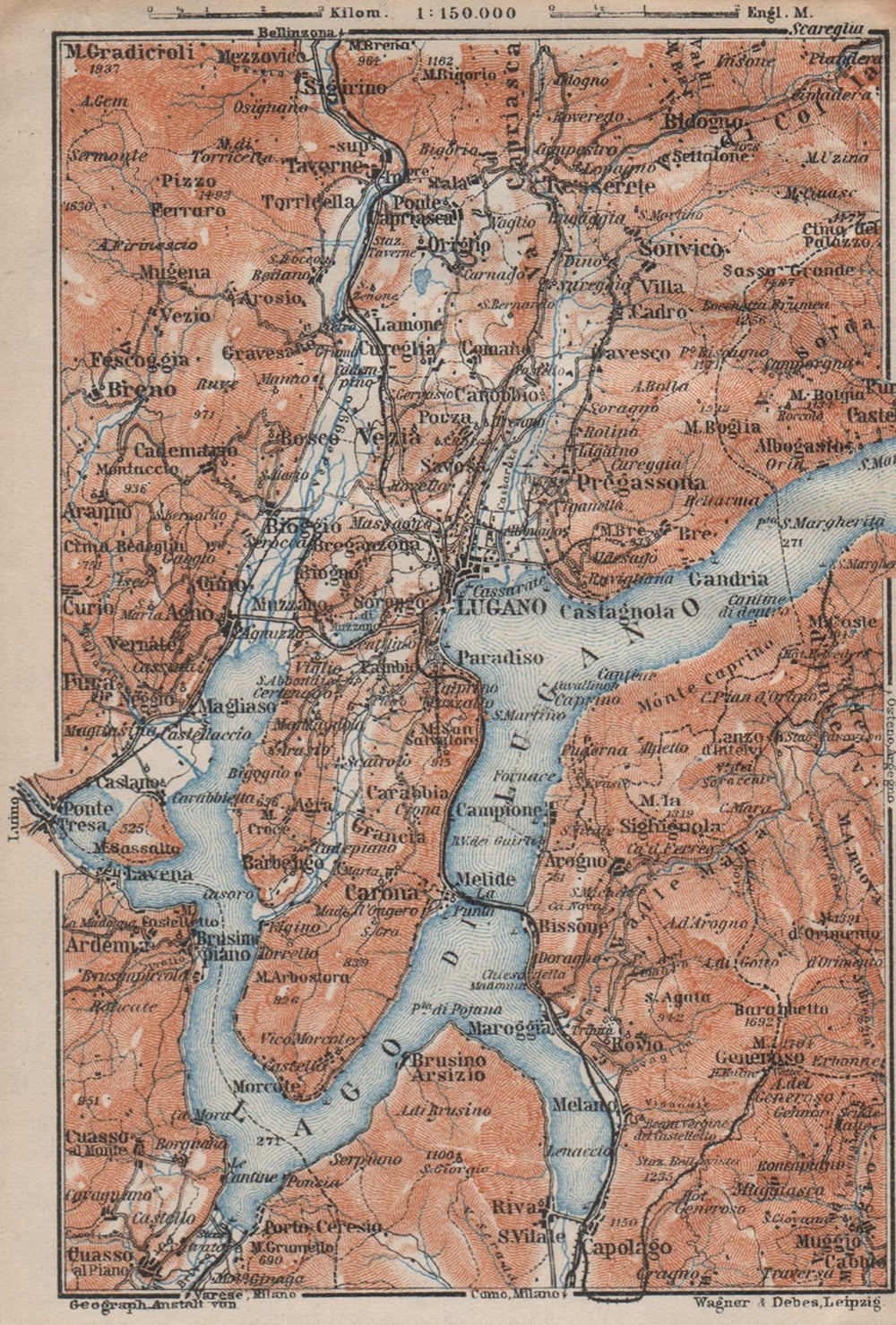 LUGANO ENVIRONS. Lake Lago di. Topo-map. Switzerland Suisse Schweiz 1922