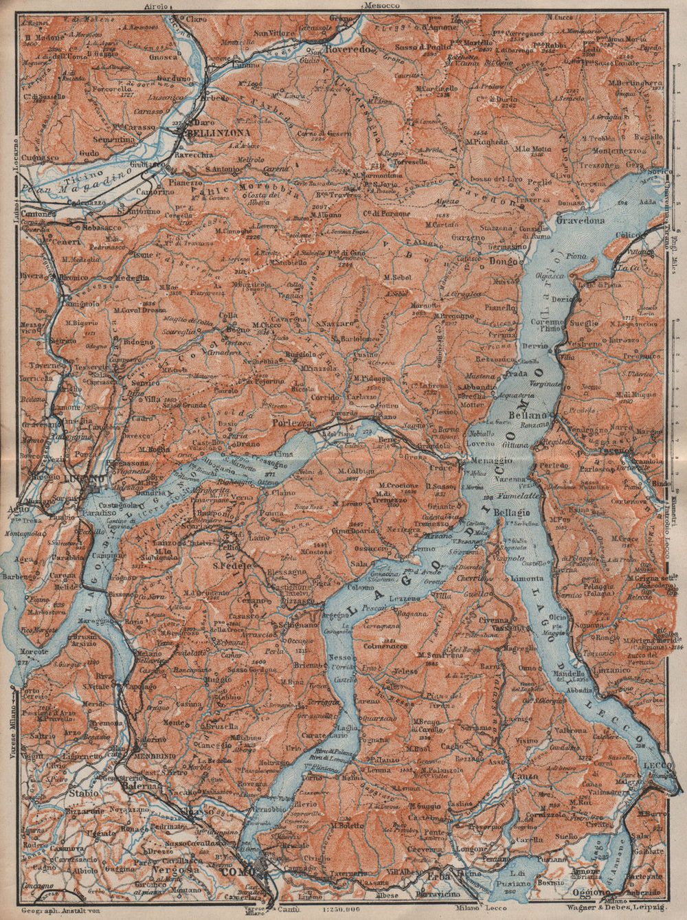LAKES/LAGO DI COMO & LUGANO. Lecco Bellinzona. Topo-map. Italy mappa 1922