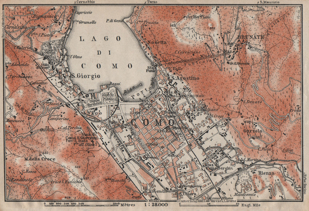 COMO ENVIRONS. Brunate San Giorgio. Italy mappa. BAEDEKER 1922 old antique