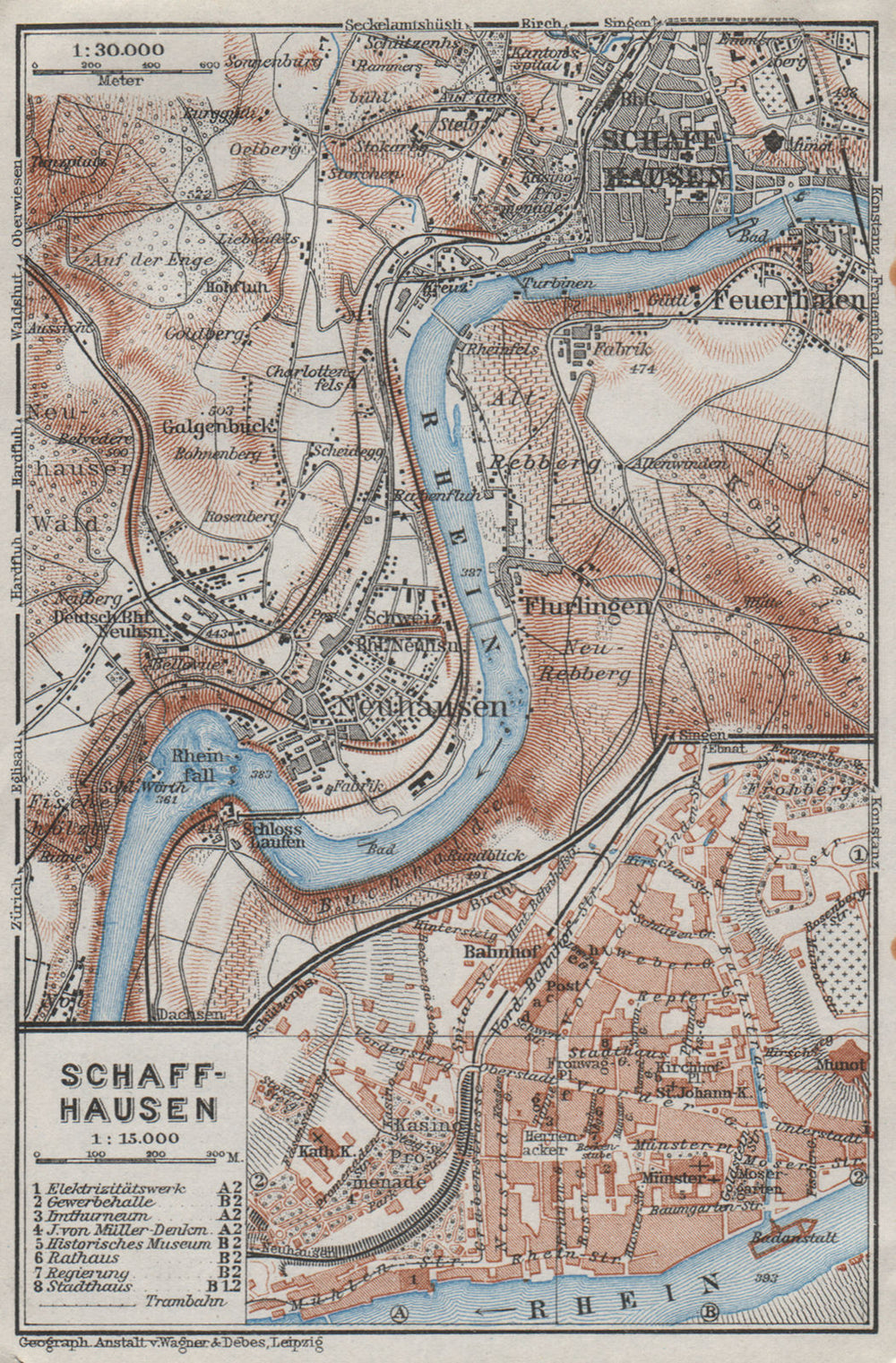 SCHAFFHAUSEN environs. Flurlingen Feuerthalen Neuhausen. Schweiz 1928 old map