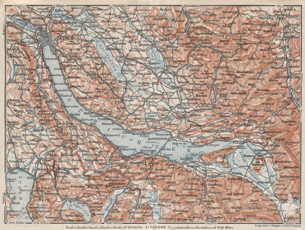LAKE ZÜRICH. Zuricher See Lachen Utznach.Topo-map. Switzerland Schweiz 1928