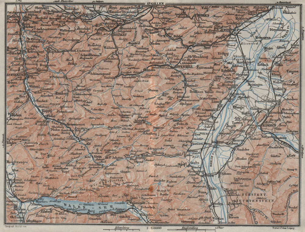APPENZELL CANTON. Wildhaus Unterwasser St. Gallen Trogen Walensee 1928 old map
