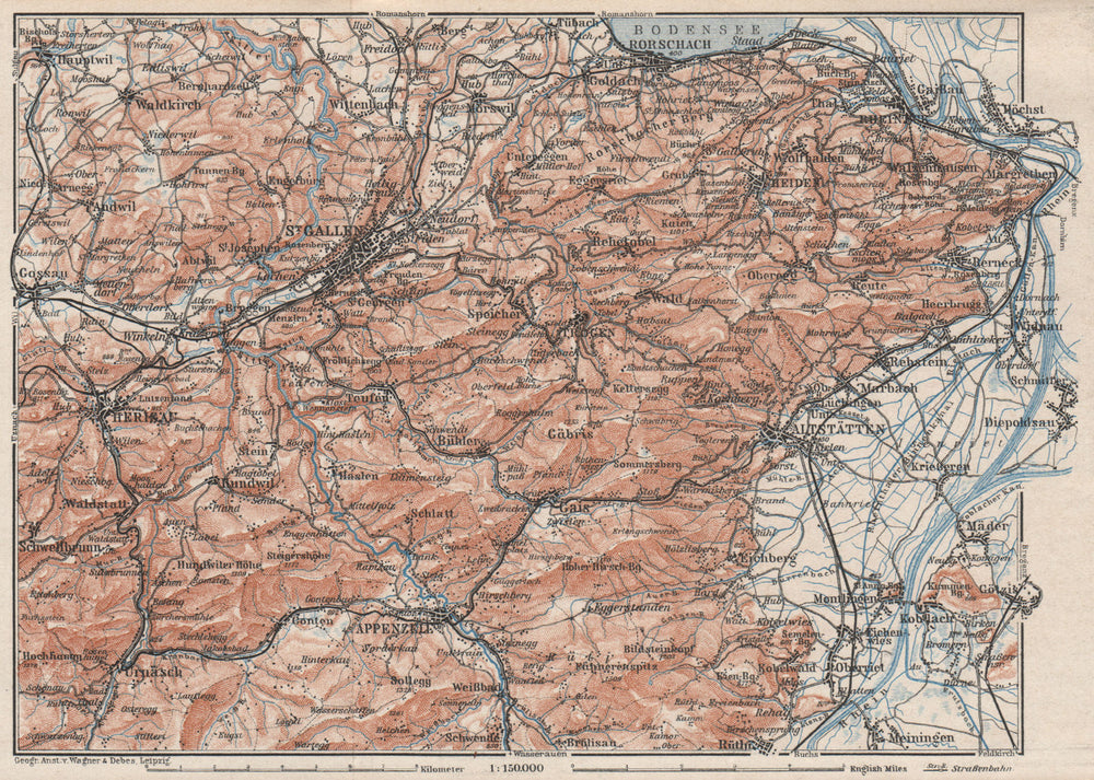 ST GALLEN/APPENZELL area. Herigau Altstätten Heiden Rheineck Rorschach 1928 map