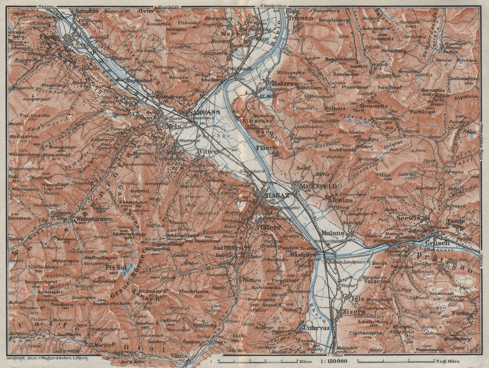 BAD RAGAZ. Malbun Flums Wangs Pizol Sargans Grusch Malans Maienfeld 1928 map