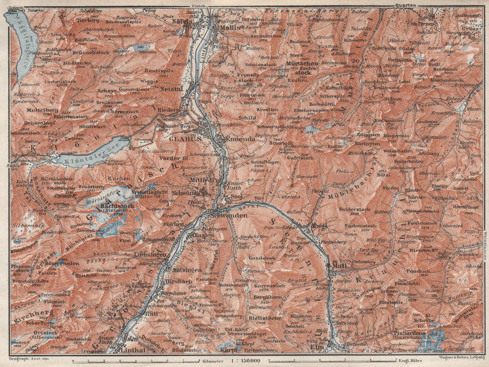 GLARUS area. Braunwald Bächistock Netstall Mollis Näfels Elm. Topo-map 1928
