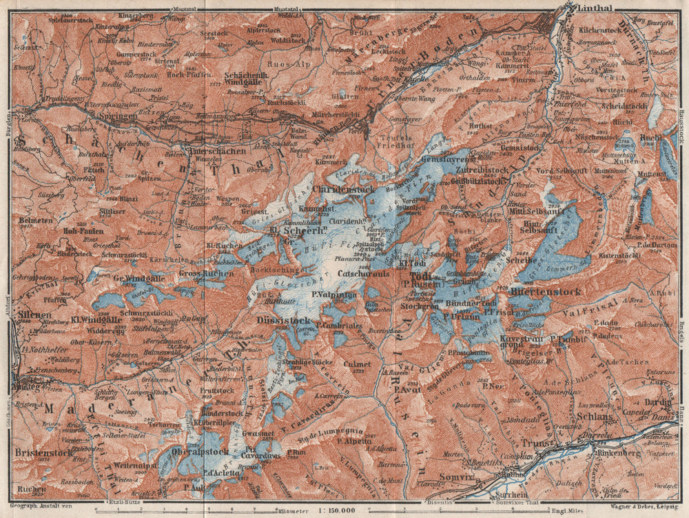 TÖDI DISTRICT. Glarus Alps Linththal Bifertenstock Claridenstock 1928 old map
