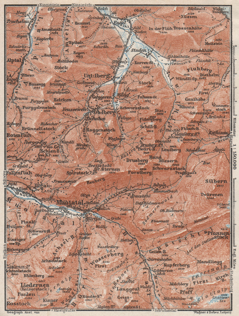 MUOTATHAL PRAGEL & SIHLTAL. Silbern Liedernen (Kaiserstock) Iberg 1928 old map
