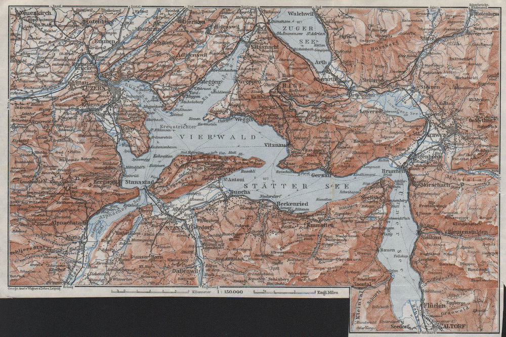 LAKE LUCERNE Vierwaldstättersee. Luzern Stans Weggis Brunnen Schwyz 1928 map