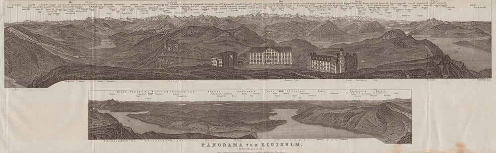 PANORAMA from/von RIGIKULM 1800m. Küssnacht. Switzerland Schweiz 1928 old map
