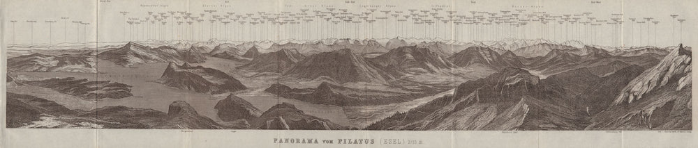 PANORAMA from/von PILATUS. Vierwaldstättersee. Lake Lucerne. Schweiz 1928 map