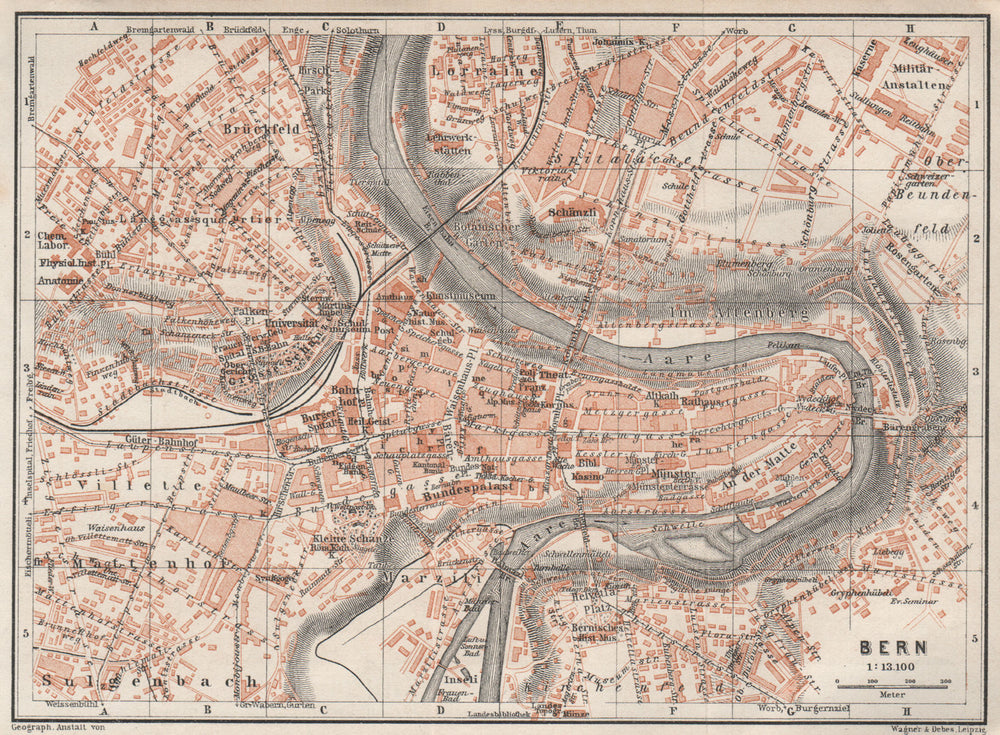 BERN BERNE. town city stadtplan. Switzerland Suisse Schweiz. BAEDEKER 1928 map
