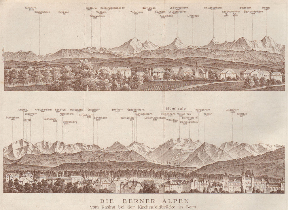 PANORAMA vom/from BERN/Berne. Blumisalp Eiger Jungfrau Gletscherhorn 1928 map