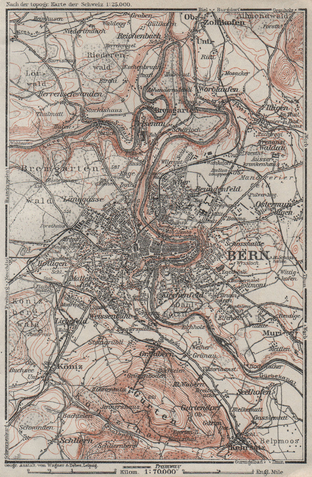 BERN BERNE ENVIRONS. Switzerland Suisse Schweiz carte karte. BAEDEKER 1928 map