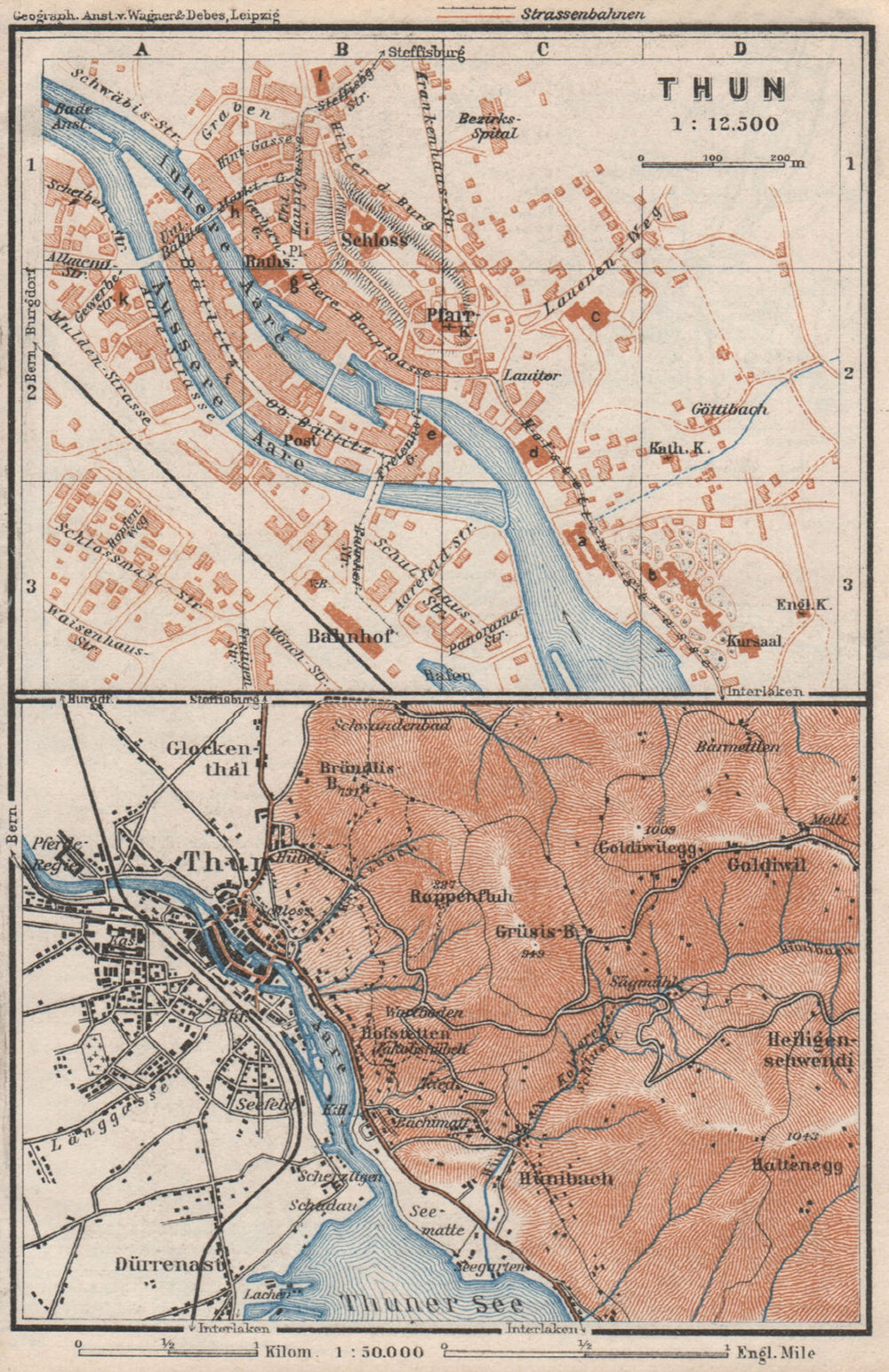 THUN / THOUNE. town city stadtplan. Switzerland Suisse Schweiz 1928 old map