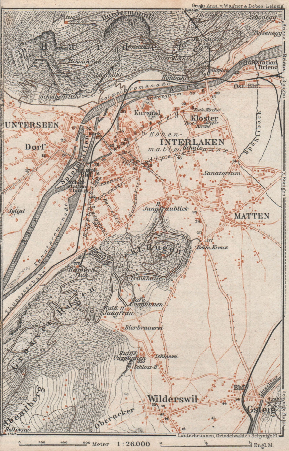 INTERLAKEN ENVIRONS. Unterseen Matten Aarmuhle Wilderswyl. Schweiz 1928 map