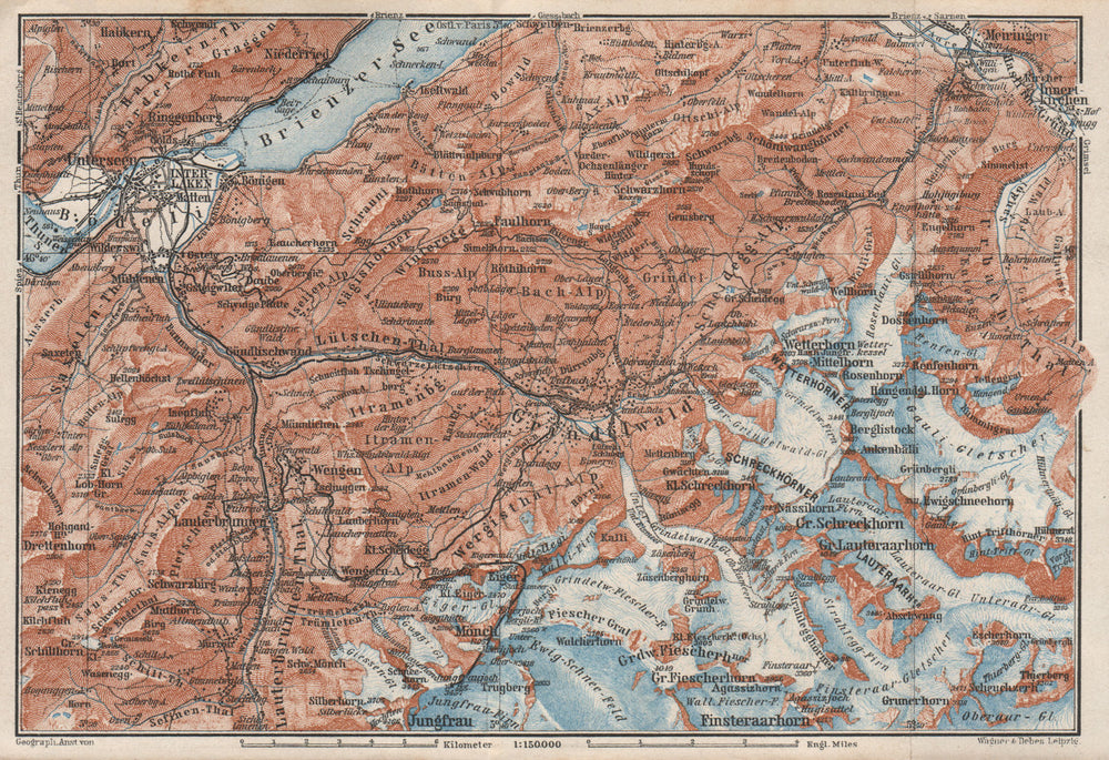 GRINDELWALD environs. Wengen Mürren Jungfrau Wetterhorn Interlaken 1928 map