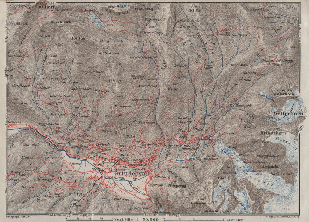 GRINDELWALD area. Wetterhorn Faulhorn Krinnehorn. Topo-map. Schweiz 1928