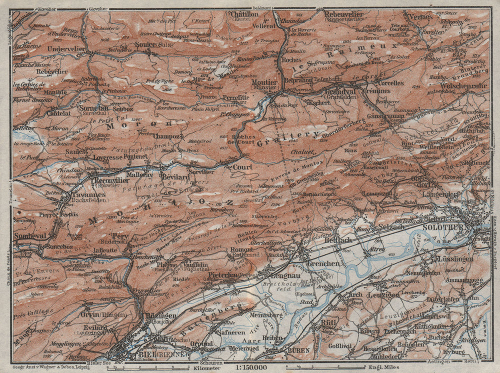 BERNESE JURA. Solothurn Biel/Bienne Rebeuvelier Tavannes. Topo-map 1928