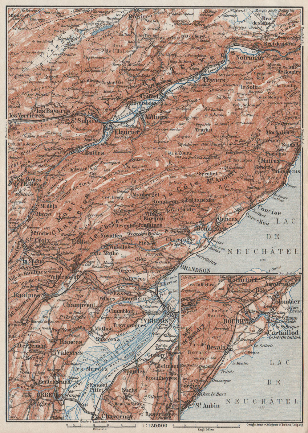 JURA. Val-de-Travers Orbe Noiraigue Yverdon Grandson Môtiers Buttes 1928 map