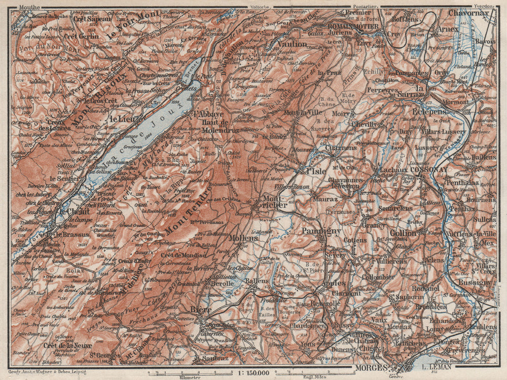 WESTERN JURA. Morges Cossonay Vaulion Mont Risoux/Tendre Lac de Joux 1928 map