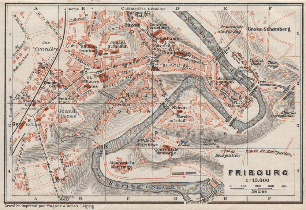 FREIBURG / FRIBOURG. town city stadtplan. Switzerland Suisse Schweiz 1928 map