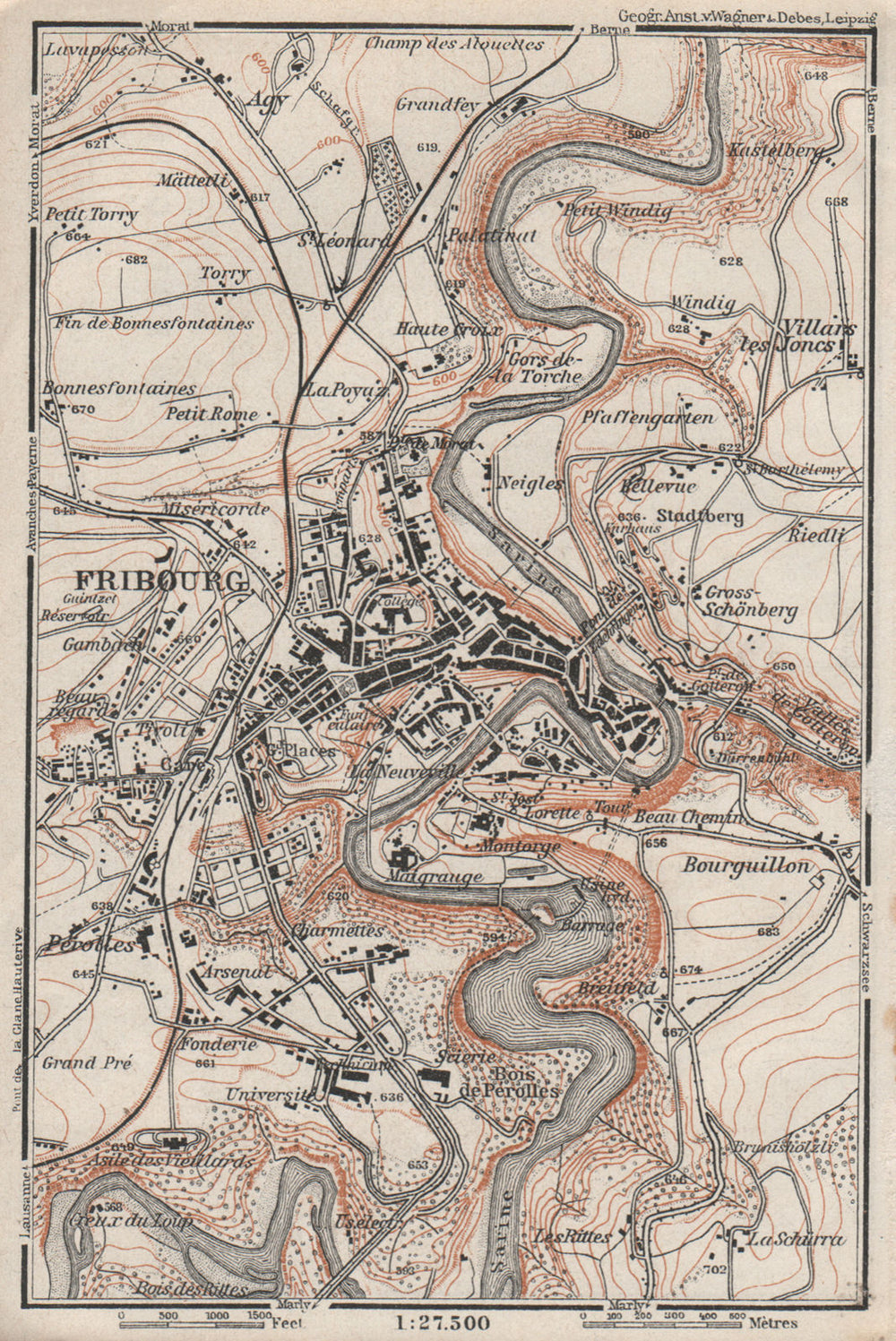 FRIBOURG / FREIBURG ENVIRONS. Switzerland Suisse Schweiz carte karte 1928 map