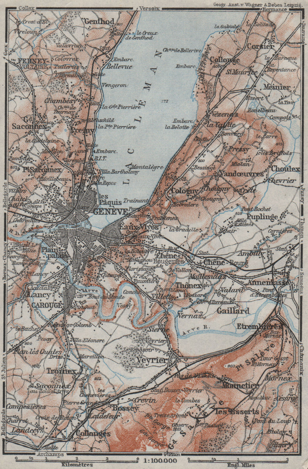 GENEVA GENÈVE GENF ENVIRONS. Switzerland Suisse Schweiz carte karte 1928 map