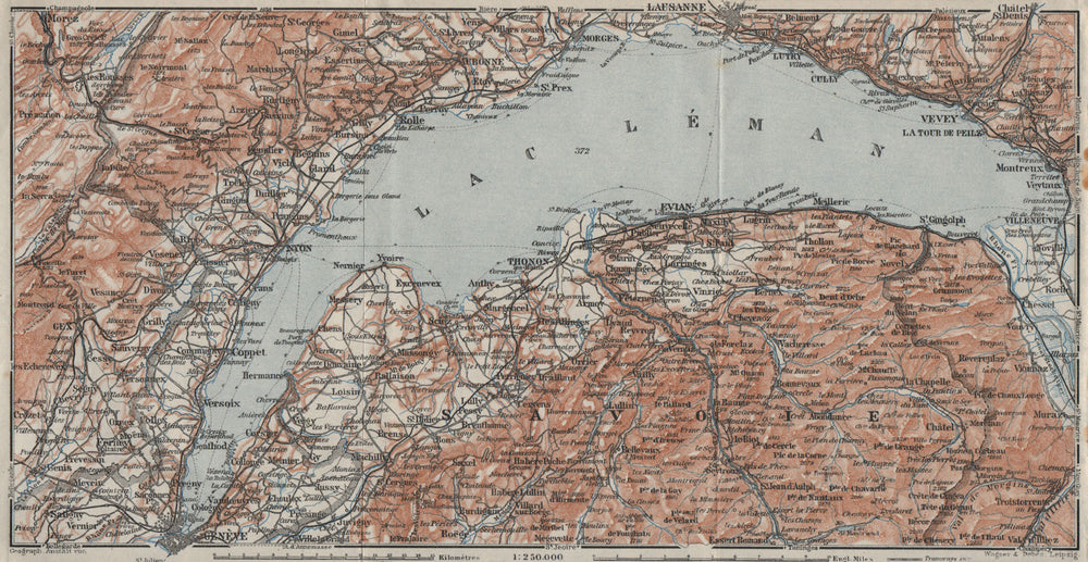 LAKE GENEVA/LAC LÉMAN. St Cergue Chatel St Jean d'Aulph Lausanne Evian 1928 map